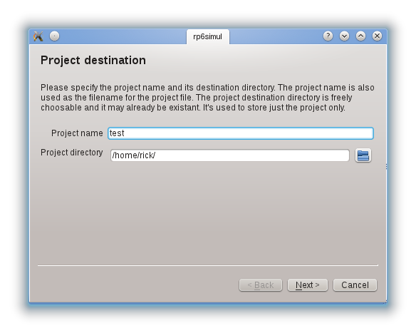 new project destination screen
